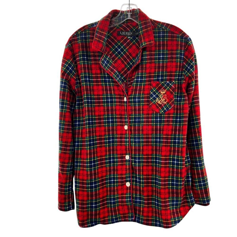 Lauren Ralph Lauren Women's Plaid Fleece Button Up Pajama Top Size Large